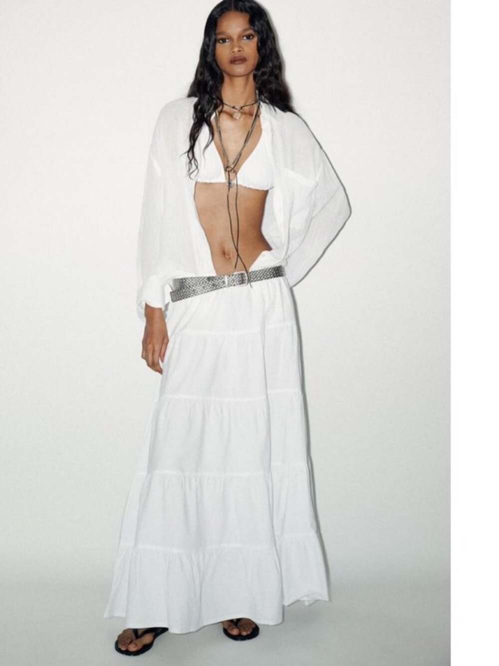 Zara White Tiered Maxi Skirt with Drawstring Waist, NWT, M